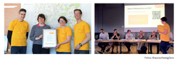 Dies ist eine Collage bestehend aus zwei Bildern. Das linke Foto ist eine Gruppenfoto, besthend aus drei LocalZero-Ehrenamlichen, die gelbe Tshirts tragen. Sie übergeben die Stellungnahme, ein A4-Heft, an eine Vertreterin der Stadt Braunschweig.
